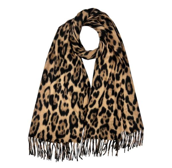 Classic Wool Mix Leopard Winter Scarf With Tassels On Each End