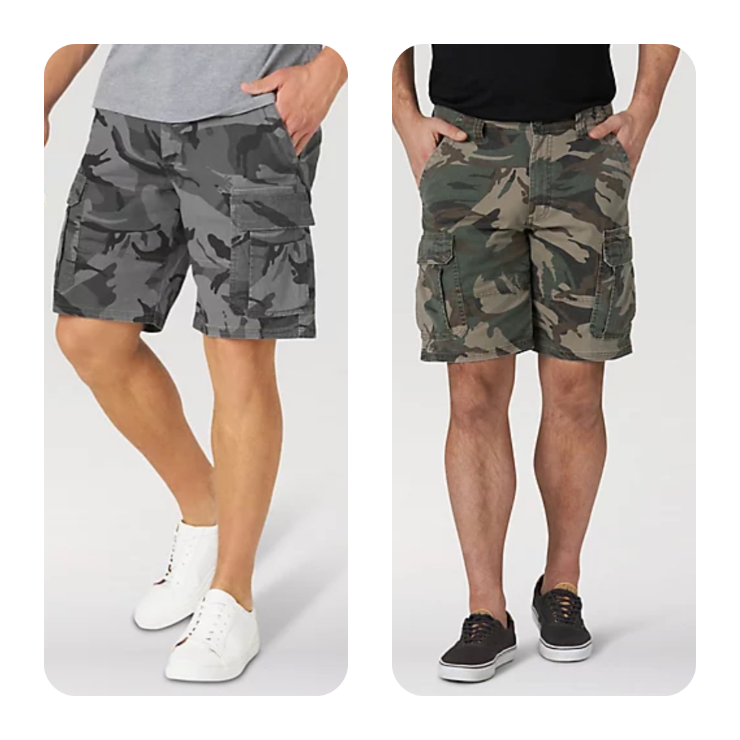 MEN'S WRANGLER AUTHENTICS® STRETCH CARGO SHORT IN GREEN OR GREY CAMO