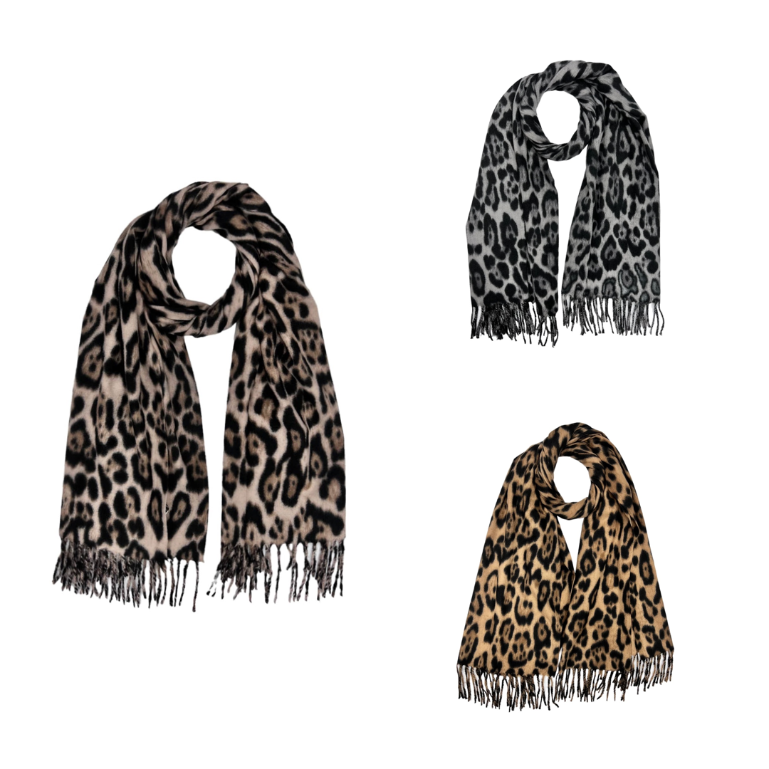 Classic Wool Mix Leopard Winter Scarf With Tassels On Each End