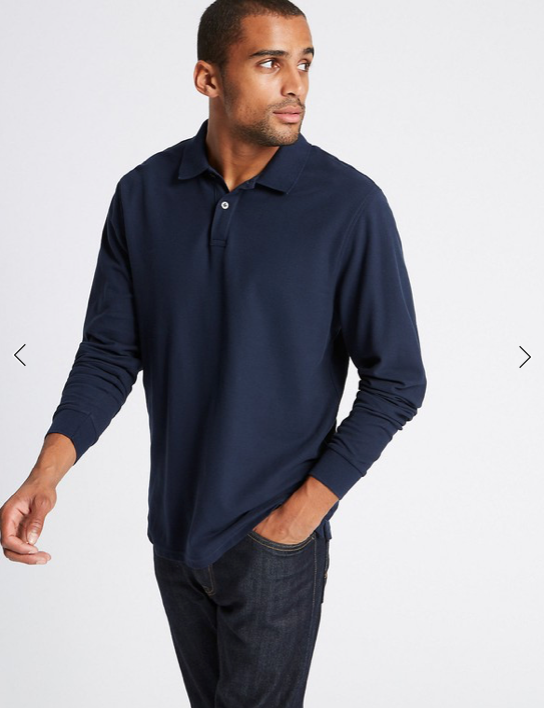 Mens Ex M&S Pure Cotton Long Sleeve Polo Shirt 2 Colours