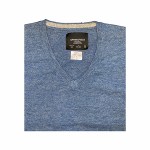 100% Lambswool V-Neck Jumper Blue