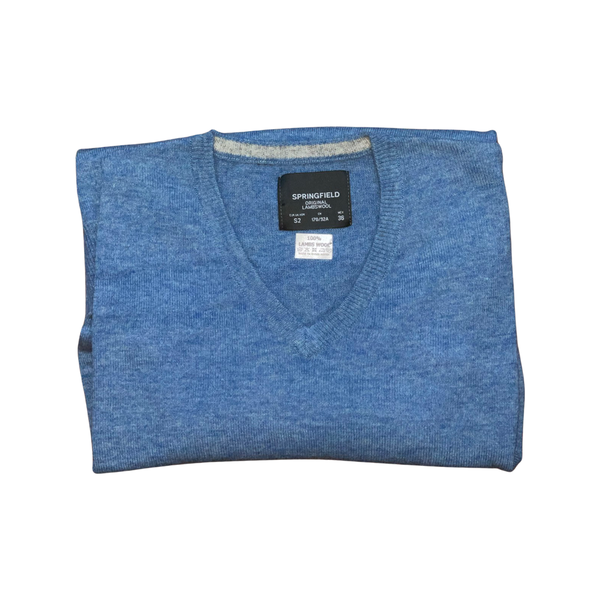 100% Lambswool V-Neck Jumper Blue